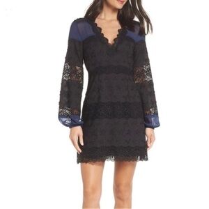 Foxiedox Blue Black Lace Long Sleeve Tiered V Neck Mini Dress Women’s Size 4